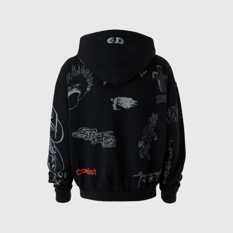 Back view of a black Hellstar Graffiti zip-up hoodie featuring detailed silver street art graphics and an oversized fit.