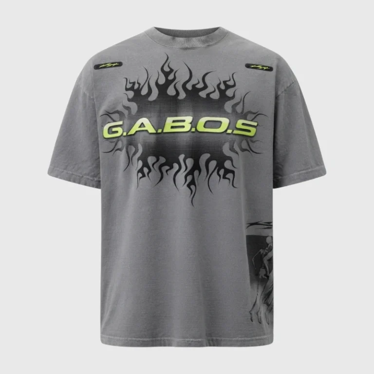 Hellstar Graphic G.A.B.O.S T-Shirt in grey featuring a signature high-contrast flame design on premium heavyweight cotton.