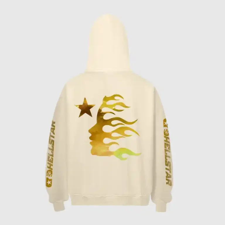 Back view of the beige Hellstar hoodie featuring a golden crying baby graphic and star print on the back and sleeves.