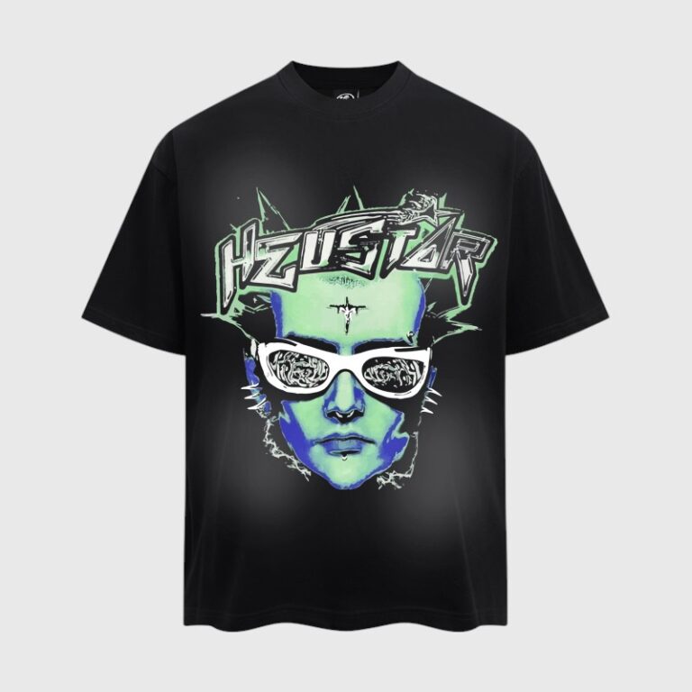 Hellstar graphic streetwear T-shirt in washed black cotton featuring a vibrant blue and green futuristic alien head print.