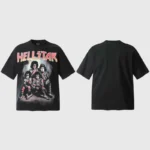 Front and back view of the black Hellstar graphic t-shirt featuring a vintage band-inspired screen print design.