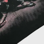 Close-up view of the unique graphic screen print on the premium soft cotton Hellstar black t-shirt.