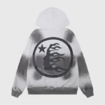 Back view of the Hellstar gray hoodie showcasing a large circular graphic print with a flame face and star.