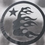 Close-up of the Hellstar gray graphic print logo on the designer tracksuit featuring a star and flaming silhouette.