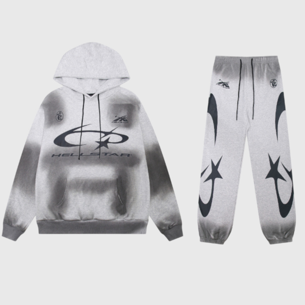 Gray Hellstar tracksuit featuring a cozy hooded sweatshirt and matching graphic print joggers for streetwear style.