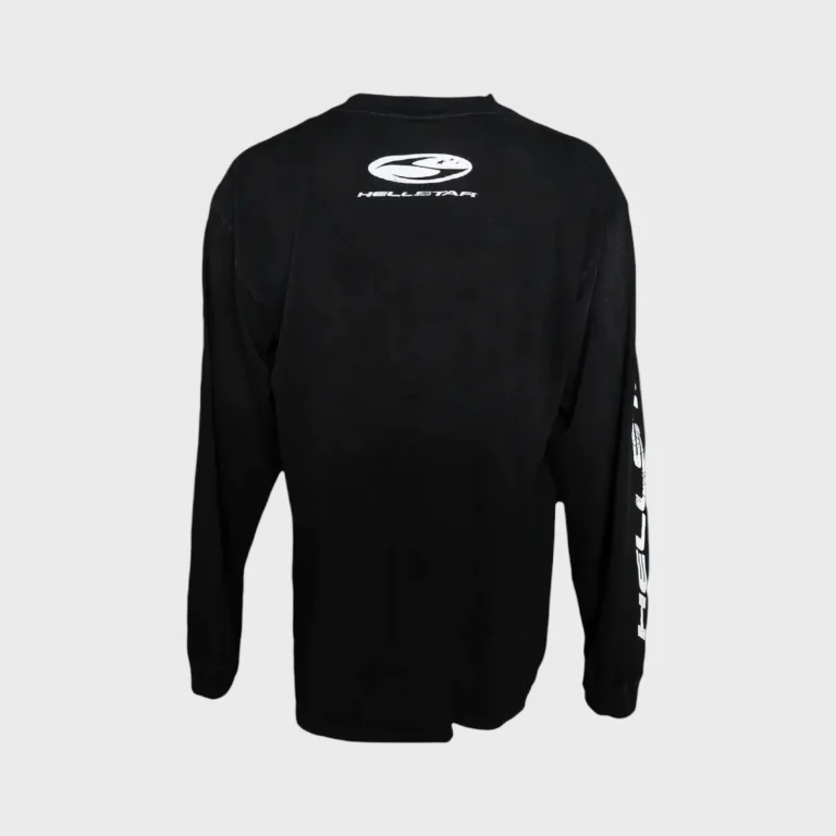 Back view of the black Hellstar Greatest Hits H3star long-sleeve shirt with logo branding on the collar and sleeve