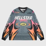 Hellstar grey and orange sports mesh long sleeve tee with branded streetwear graphics and a breathable athletic fit.