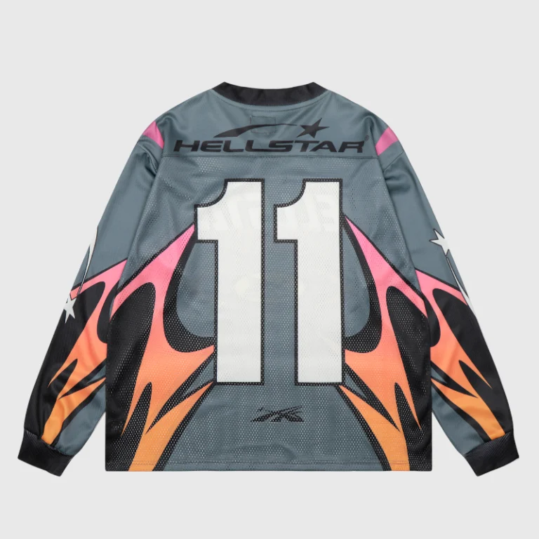Back view of the Hellstar grey and orange mesh long sleeve tee featuring number 11 graphic and athletic design.