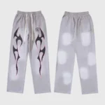 Front and back view of Hellstar grey Future Flame sweatpants with bold black graphic print and drawstring waist.