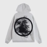 Back view of a grey Hellstar graffiti print hoodie featuring a black circular graphic design with a star and logo.