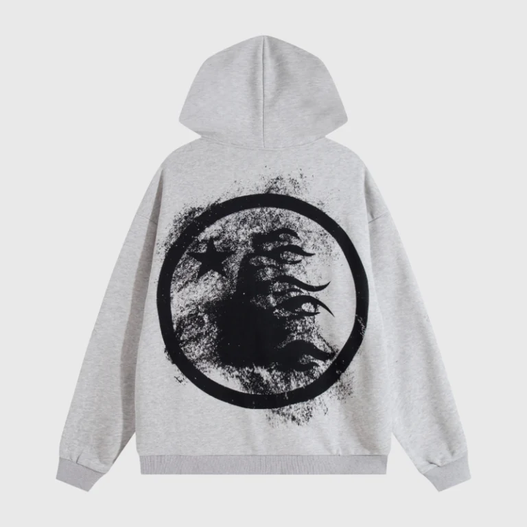 Back view of a grey Hellstar graffiti print hoodie featuring a black circular graphic design with a star and logo.