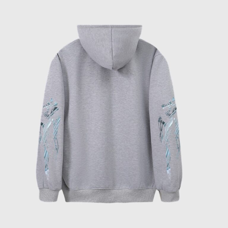 Back view of a grey Hellstar hoodie with unique graphic screen prints on the sleeves and comfortable fleece.