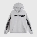 Hellstar Grey Hoodie with black Star Sports logo print on front and text graphics down the long sleeves.