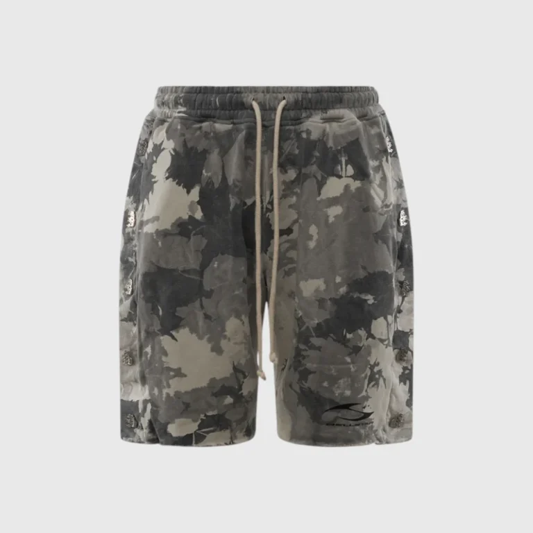 Hellstar grey snap shorts with a unique tie-dye print, side button details, and an adjustable drawstring waist.