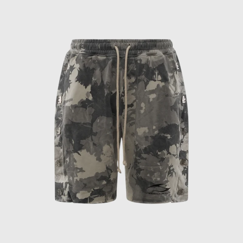 Hellstar Grey Snap Shorts Hellstar grey snap shorts with a unique tie-dye print, side button details, and an adjustable drawstring waist.