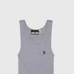 A grey ribbed Hellstar tank top with a black logo patch at the neck and a small graphic icon on the chest.