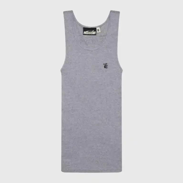 Hellstar grey ribbed tank top with a small minimalist logo design on the front chest, isolated on a light background.