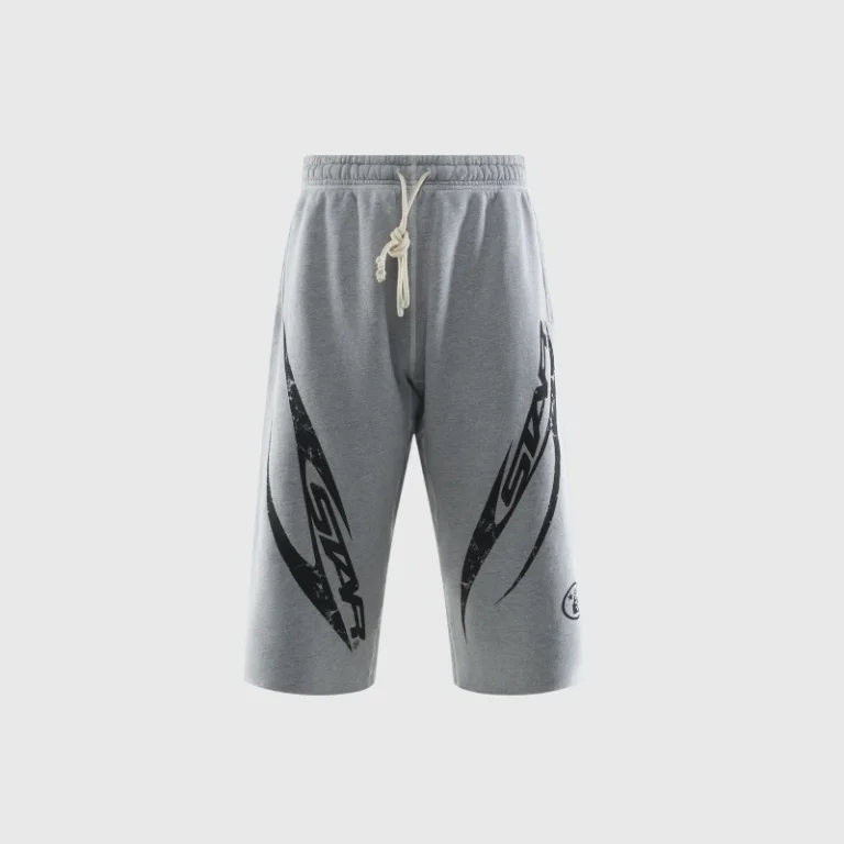 Hellstar Grey Wing 3/4 Shorts featuring a distinct mid-calf silhouette, screen-printed graphic motifs, and drawstring waist.