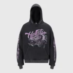 Hellstar Groovy black hoodie front view featuring a vintage-washed aesthetic and a distinctive graphic chest print design.