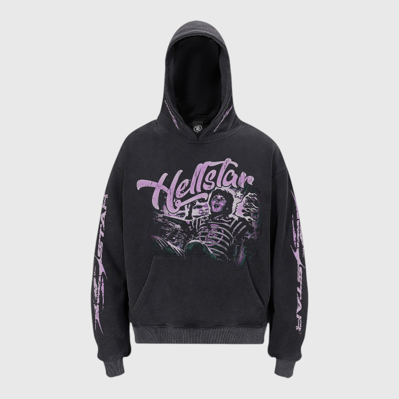 Hellstar Groovy Black Hoodie Front View Hellstar Groovy black hoodie front view featuring a vintage-washed aesthetic and a distinctive graphic chest print design.