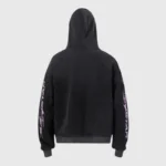 Rear profile view of the premium black Hellstar Groovy Hoodie featuring unique graphic prints on both sleeves.