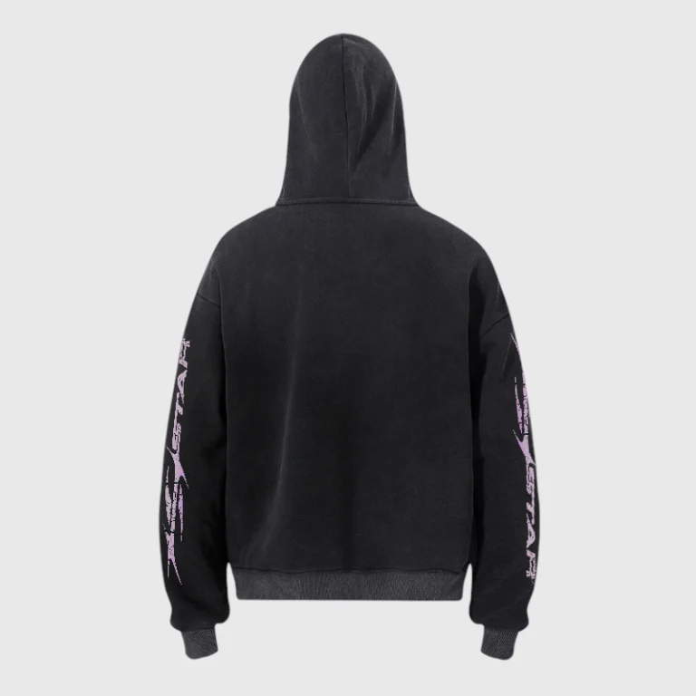 Rear profile view of the premium black Hellstar Groovy Hoodie featuring unique graphic prints on both sleeves.