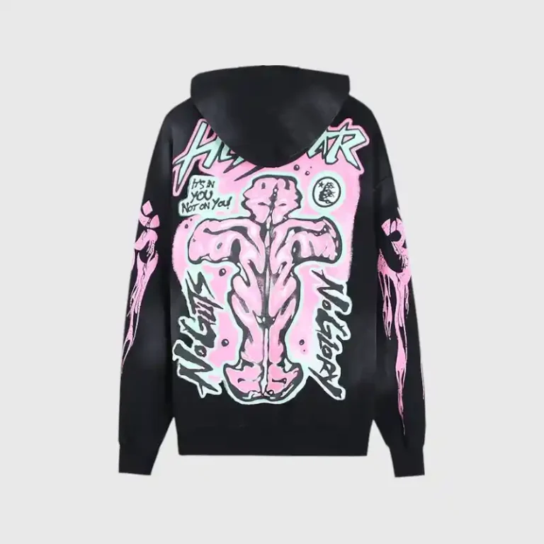 Hellstar Guts Glory black graphic hoodie back view with pink neon anatomical design and sleeve prints, unisex fleece