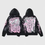 Hellstar Guts Glory black tie-dye hoodie front and back with bold pink Hellstar graphic on vintage washed fabric
