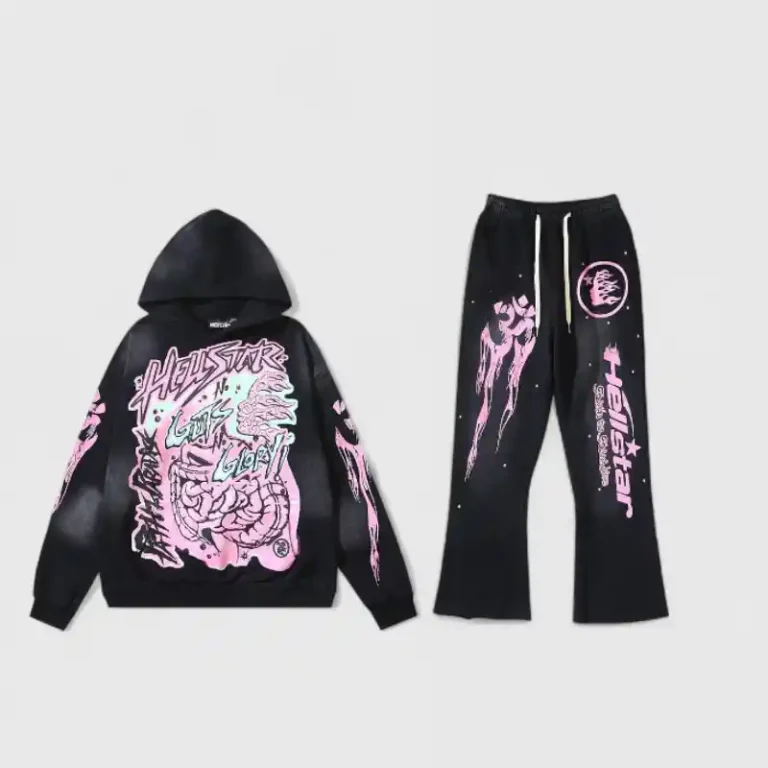 Black Hellstar Guts Glory tracksuit set featuring a graphic hooded sweatshirt and matching pants in a vintage style.