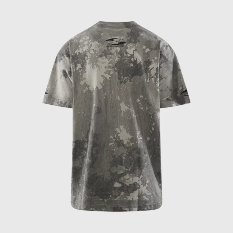 Back view of the grey Hellstar H cursive logo t-shirt featuring a unique washed out graphic print design pattern.