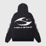 Back view of a black Hellstar H logo print hoodie featuring white graphic screen prints on the back and sleeves.