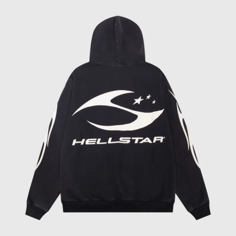 Back view of a black Hellstar H logo print hoodie featuring white graphic screen prints on the back and sleeves.