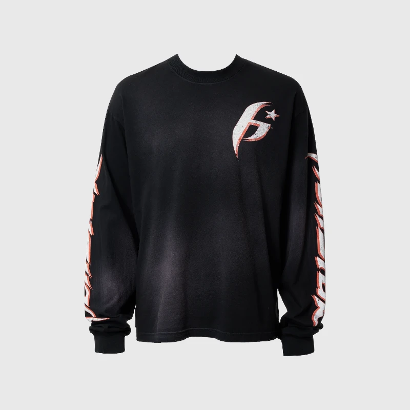 Hellstar H Longsleeve Sweater Black Front View Front view of the black Hellstar H*! longsleeve sweater featuring signature screen-printed graphics and a relaxed fit.