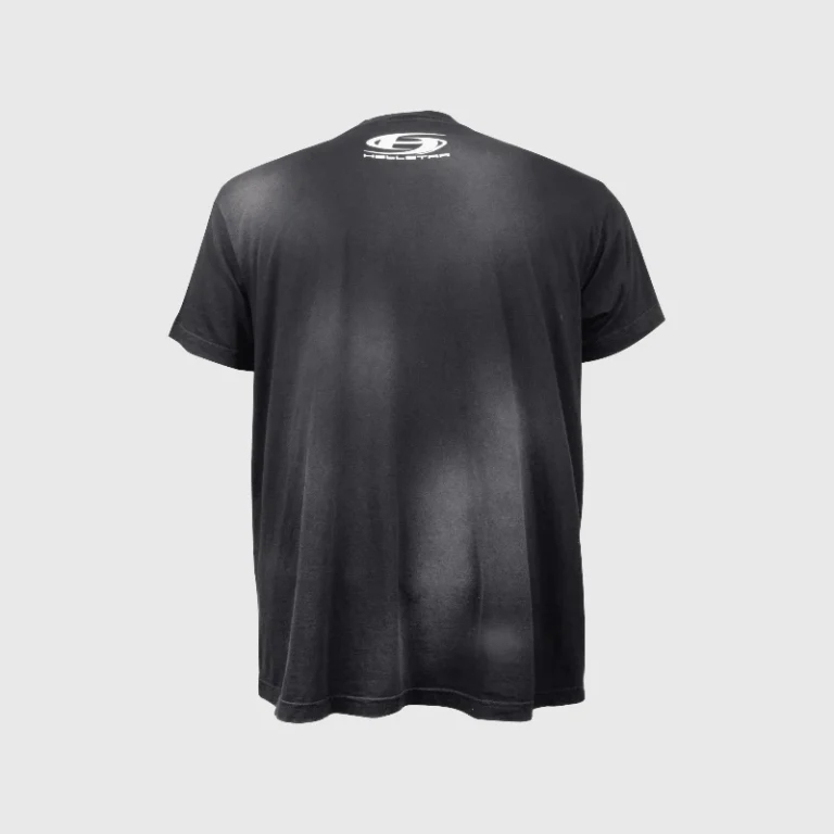 Back view of a black Hellstar H Studios T-shirt featuring a white logo detail on the upper back neckline area.