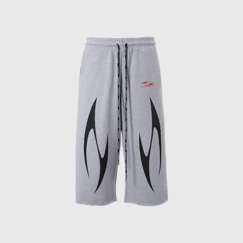 Hellstar H3star 3 4 Shorts Grey Hellstar H3star 3/4 length grey shorts featuring black tribal graphic prints and an elastic waistband with drawstring.