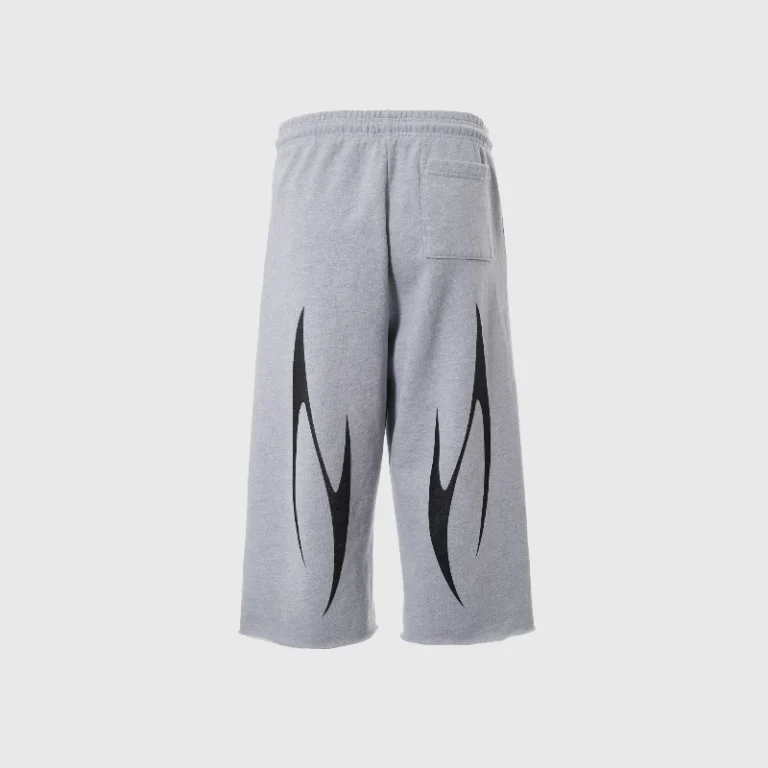 Back view of the Hellstar H3star 3/4 shorts in grey with signature black graphic print and comfortable elastic waist.