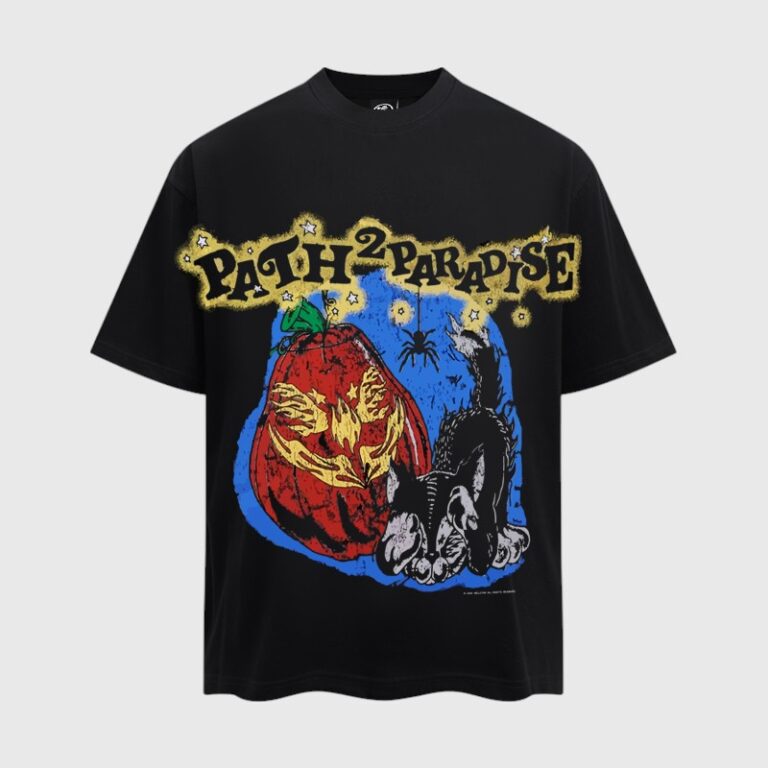 Front view of the black Hellstar Halloween 1996 P2P t-shirt featuring a spooky jack-o-lantern and black cat graphic.