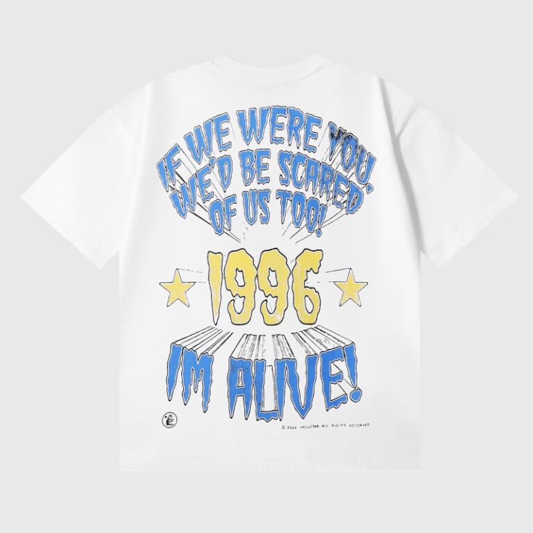Back view of the white Hellstar Halloween 1996 P2P t-shirt featuring bold blue and yellow vintage-style graphic print.
