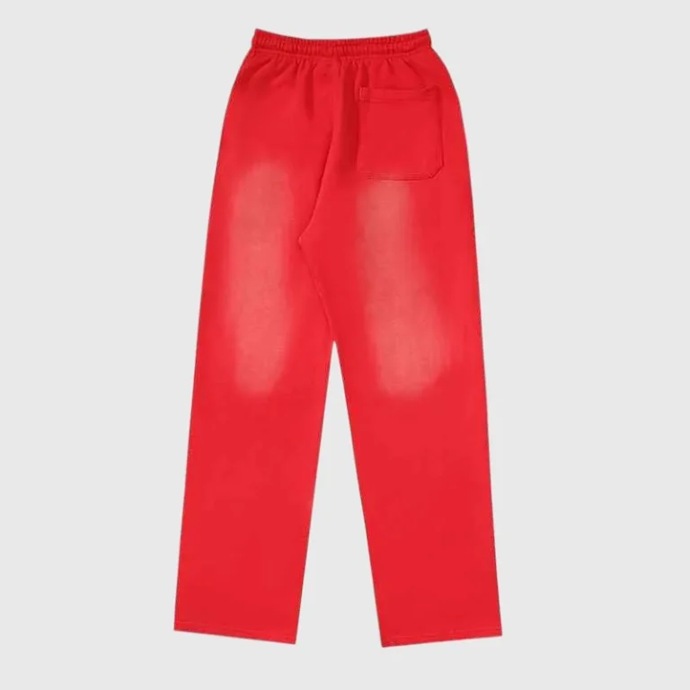 Back view of red Hellstar Halloween flame sweatpants with a back pocket and drawstring waist, perfect for streetwear.