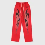 Red Hellstar Halloween sweatpants with black flame graphics on the front, showcased from a flat front view.