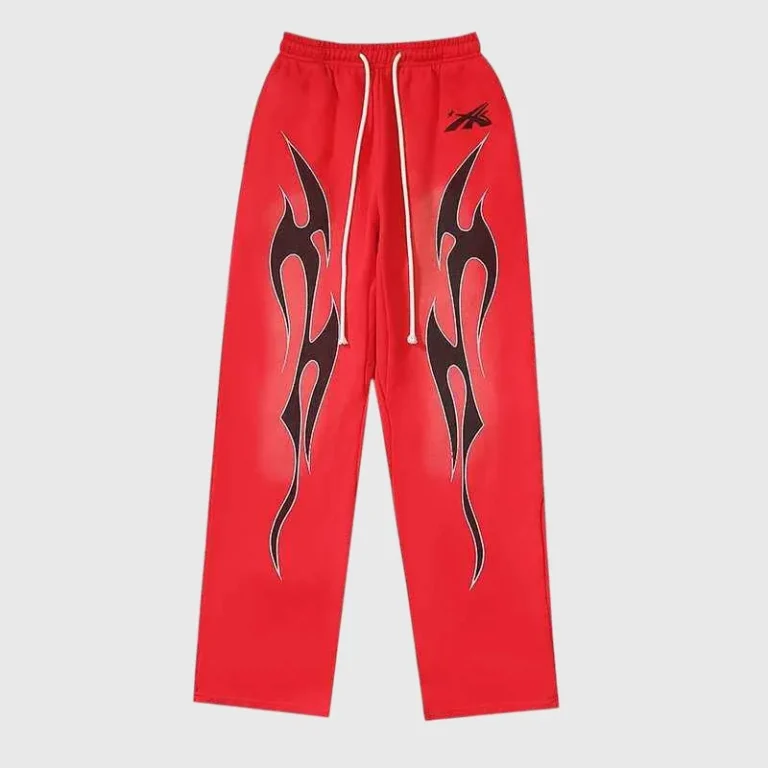 Red Hellstar Halloween sweatpants with black flame graphics on the front, showcased from a flat front view.