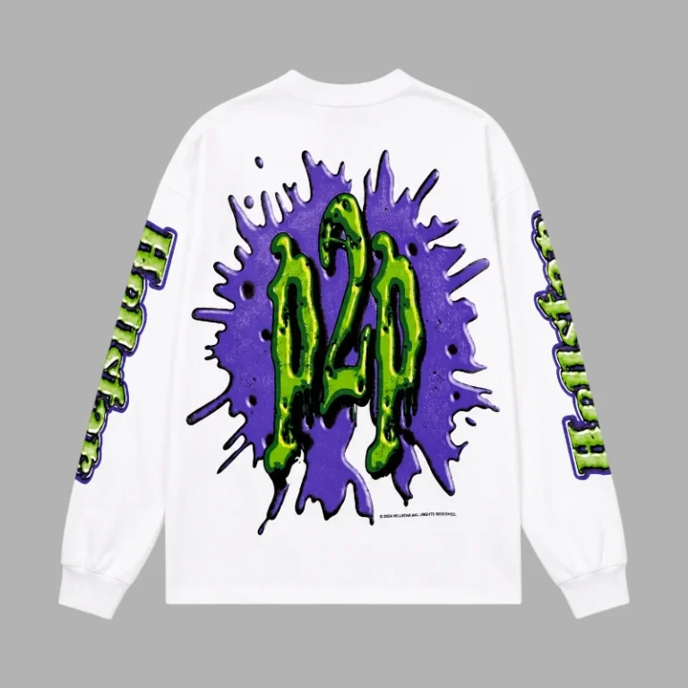 Back view of the white Hellstar Horror Book long sleeve sweater with a vibrant green and purple graphic design.