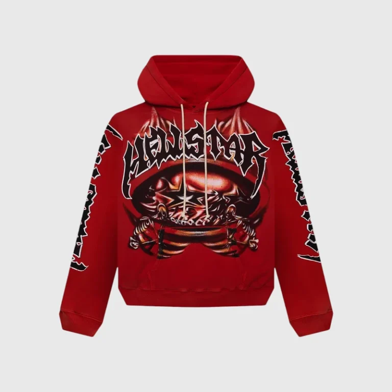 Front view of the red Hellstar Halloween Skeleton Airbrush Hoodie with custom skull and text graphic details