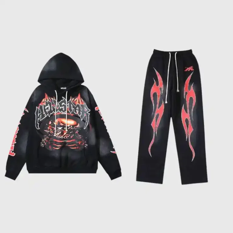 A black Hellstar Halloween skeleton airbrush tracksuit featuring a graphic hoodie and matching drawstring sweatpants.