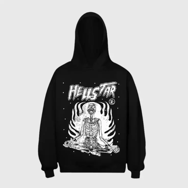Black Hellstar Studios hoodie with a white skeleton graphic print in a comfortable, relaxed streetwear fit.