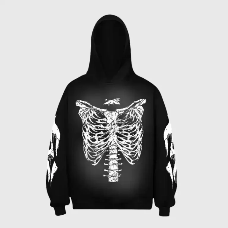 Black Hellstar Halloween hoodie featuring a white skeleton rib cage print on the front and detailed sleeve graphics.