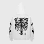 A white Hellstar hoodie featuring a detailed black skeleton ribcage print on the back, perfect for Halloween streetwear.