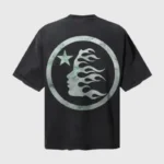 Back view of the Hellstar Halloween Skeleton T-shirt featuring a circular graphic with a star and flaming face design.