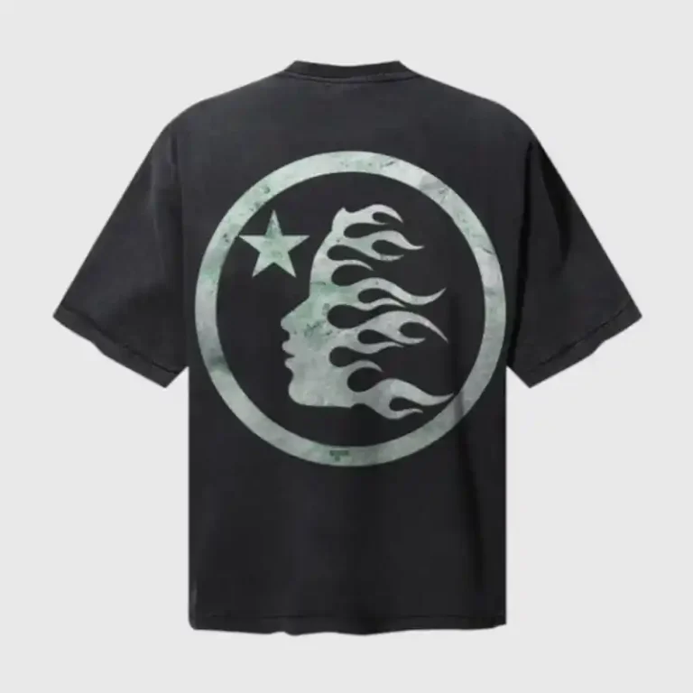 Back view of the Hellstar Halloween Skeleton T-shirt featuring a circular graphic with a star and flaming face design.
