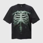 Front view of the Hellstar Halloween Skeleton T-shirt featuring a detailed ribcage graphic on black premium cotton.
